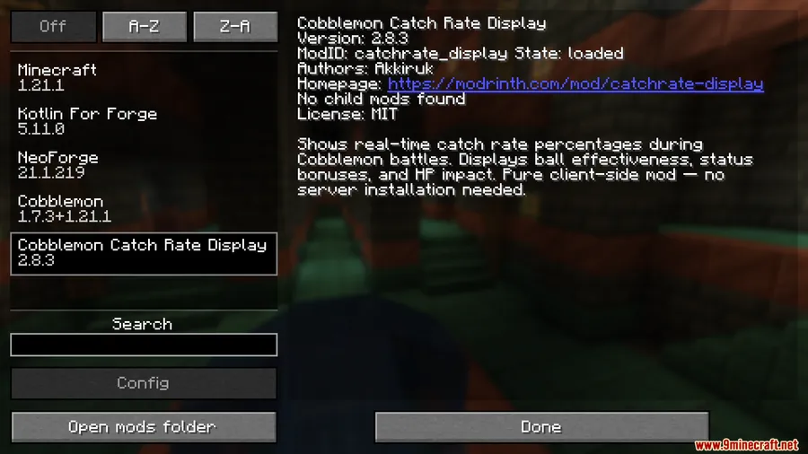 Cobblemon Catch Rate Display Mod screenshot 1 showing mod in action