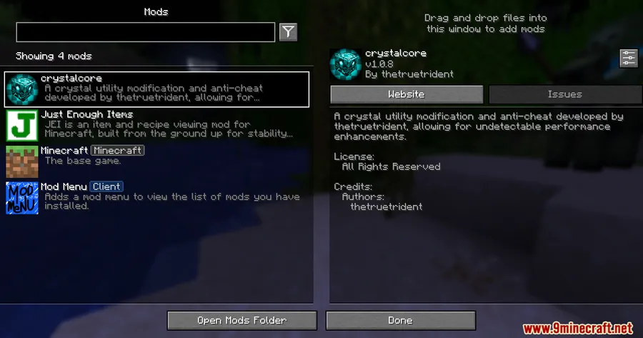Crystalcore Client Mod screenshot 1 showing mod in action