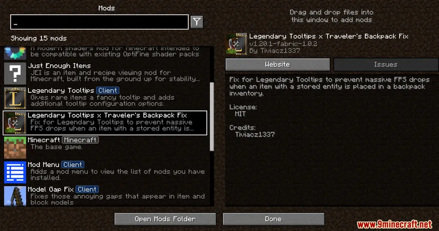 Legendary Tooltips X Traveler's Backpack Fix Mod screenshot 1