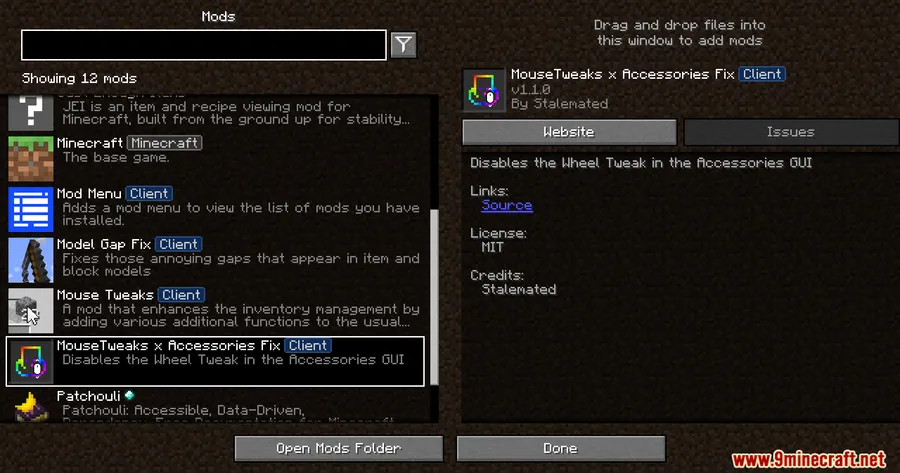 MouseTweaks X Accessories Fix Mod screenshot 1 showing mod in action
