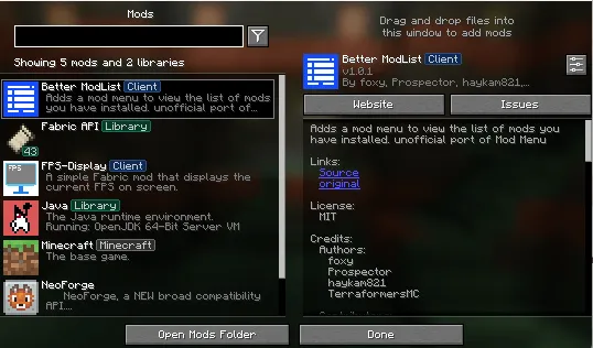 Better Modlist Mod (1.21.11, 1.20.1) – A Tool for Organizing Mods screenshot 2 showing mod in action