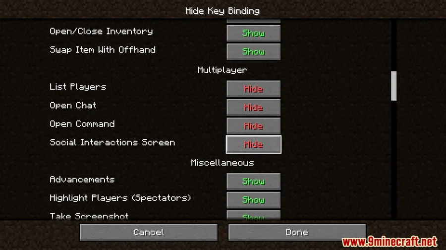 Hide Key Binding Mod screenshot 7 showing mod in action