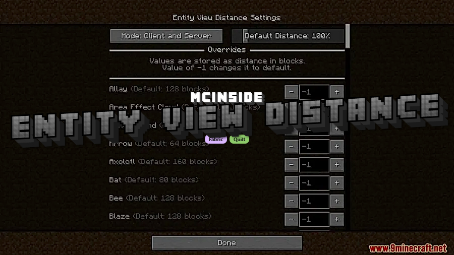 Entity View Distance Mod for Minecraft