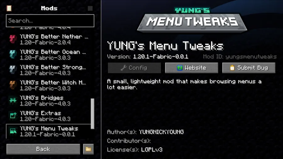 YUNG's Menu Tweaks Mod (1.21.4, 1.20.1) – Better UI Navigation screenshot 2 showing mod in action