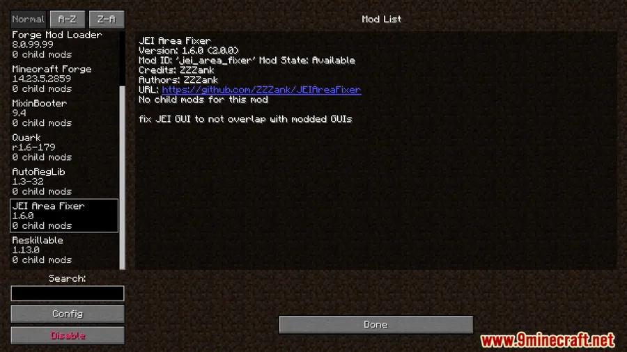 JEI Area Fixer Mod screenshot 1 showing mod in action