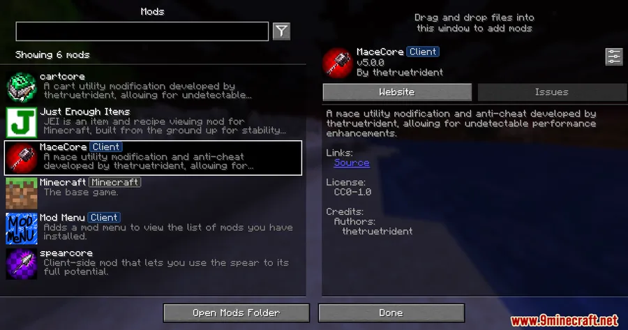 MaceCore Client Mod screenshot 1 showing mod in action