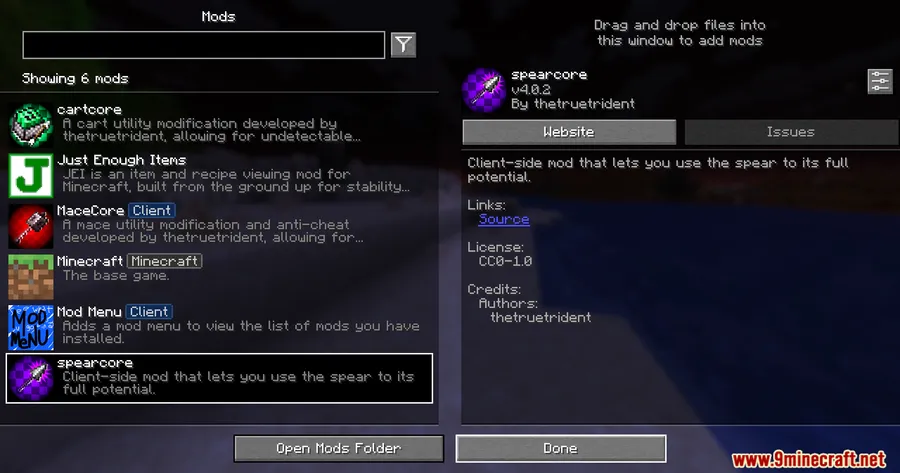 Spearcore Client Mod screenshot 1 showing mod in action