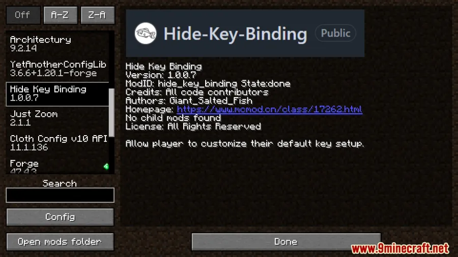 Hide Key Binding Mod screenshot 1 showing mod in action