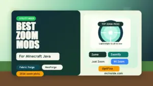 Best Minecraft zoom mods editorial graphic showing Zume, Zoomify, Just Zoom, WI Zoom, and OptiFine-style zoom options